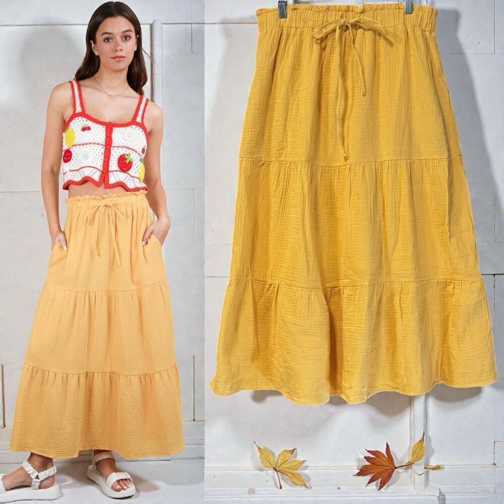Boho Tiered Midi Skirt w/ Pockets & Elastic Waist |  Yellow | Very J | NWT L - Picture 4 of 12